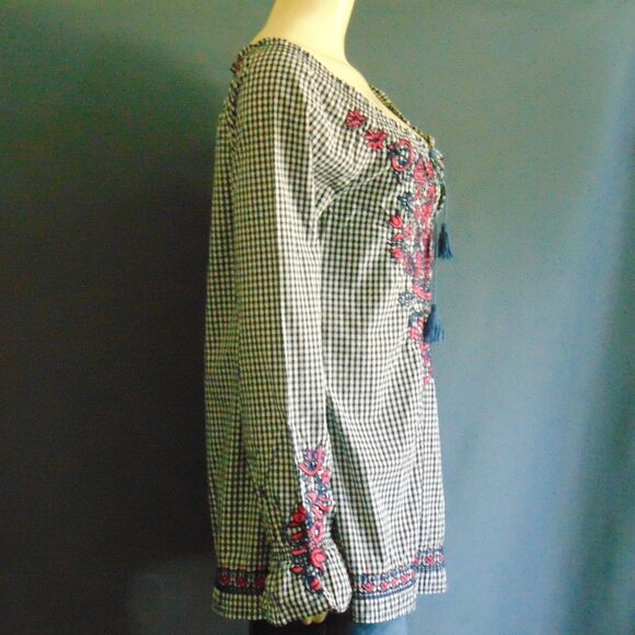 3J Workshop Johnny Was Navy Check Pink Floral Embroidery Off Shoulder Top Sm - Picture 5 of 12